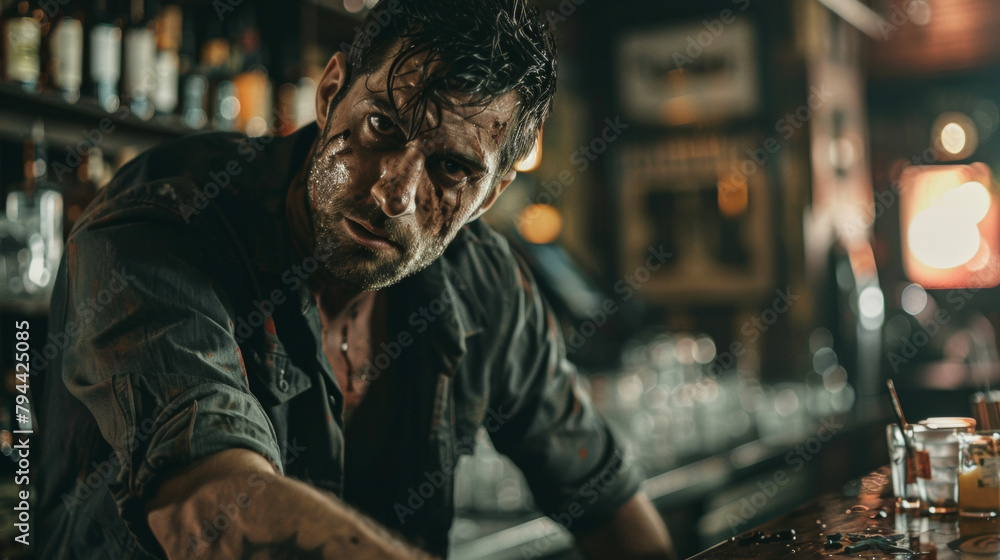 The bartender with a scar ting across his rugged face wiped down the bar with a stained rag his eyes darting around the room in anticipation of trouble. . The bartender with a scar ting across his rugged face wiped down the bar with a stained rag his eyes darting around the room in anticipation of trouble. .