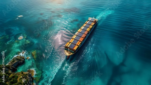 Sustainable showcase: Cargo ship with solar panels demonstrates green energy use. Concept Sustainability, Green Energy, Solar Panels, Cargo Ship, Environmentally Friendly