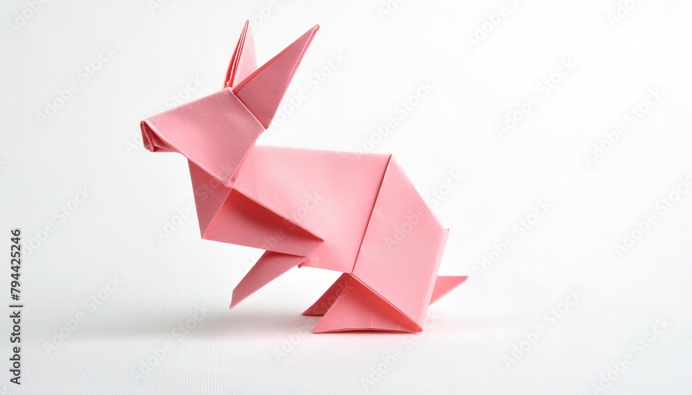 Animal concept origami isolated on white background of a pink bunny rabbit with pointy ears straight up sitting facing sideways away from camera with copy space Animal concept origami isolated on white background of a pink bunny rabbit with pointy ears straight up sitting facing sideways away from camera with copy space