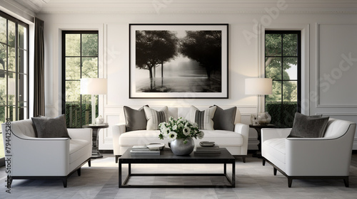 A sophisticated living room setting showcasing a beautifully framed artwork.