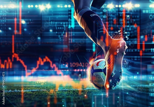 Soccer player kicks ball with stock market backdrop, symbolizing investment/trading © Nicat