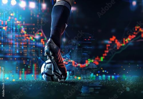 Fototapeta Naklejka Na Ścianę i Meble -  Soccer player kicks ball with stock market backdrop, symbolizing investment/trading