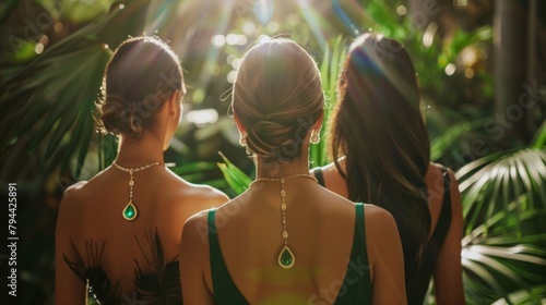 With heads tilted and hands on hips the attendees cant help but marvel at the emerald pieces showcased against the natural beauty . .