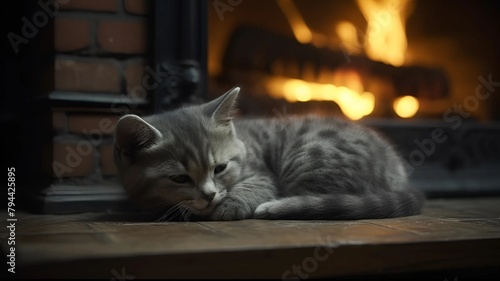 The cat sleeps next to the fireplace mantel