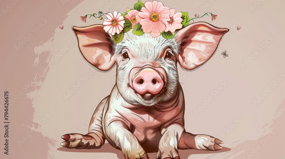   A pig wearing a flower crown sits on the ground, gazing at the camera