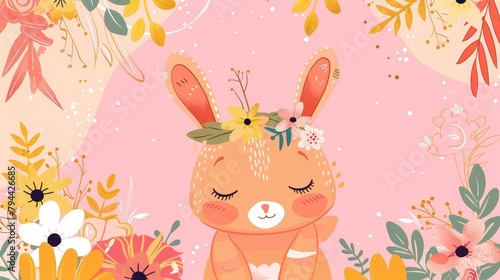   A rabbit wearing a floral crown sits amidst a field of blooms against a pink backdrop