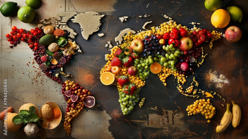 Naklejka premium World Map Created With Fruits and Vegetables