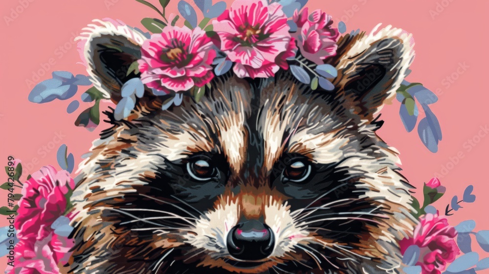   A painting of a raccoon wearing a flower crown adorned with pink blooms and a collar of pink flowers