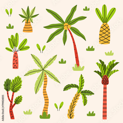 Set of tropical palm trees