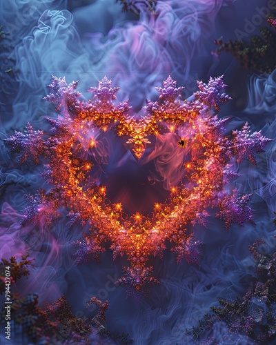 Vibrant Colorful Fractal Pattern Design in the Shape of a Heart