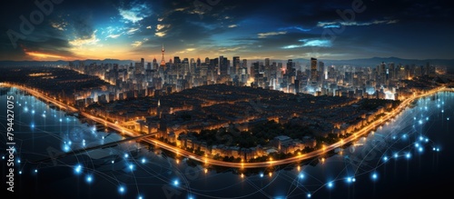Panoramic aerial view of modern city at dusk, © WaniArt