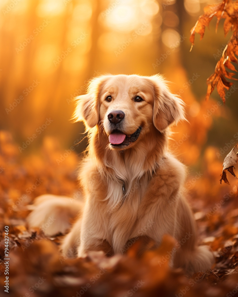 photo of a golden retriever dog against a background of autumn leaves сreated with Generative Ai photo of a golden retriever dog against a background of autumn leaves сreated with Generative Ai