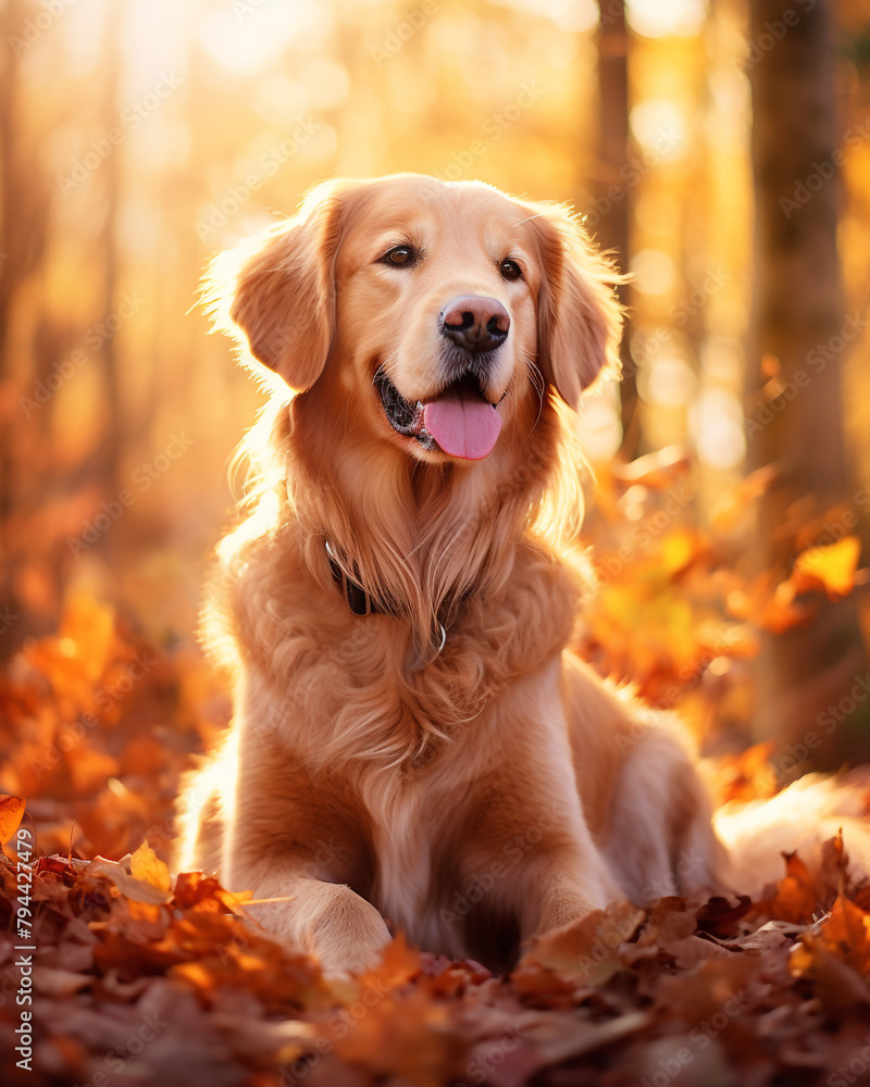photo of a golden retriever dog against a background of autumn leaves сreated with Generative Ai photo of a golden retriever dog against a background of autumn leaves сreated with Generative Ai