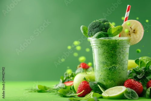 Green smoothie with broccoli, banana, strawberries and apples in a plastic cup