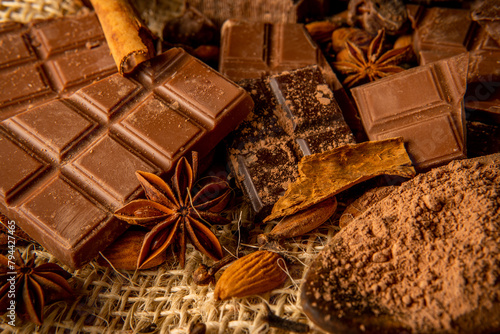 Closeup of various types of chocolate with spices