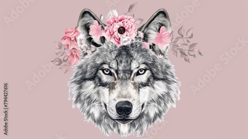   A sketch of a wolf donning a floral crown and bearing a pink bloom in its fur