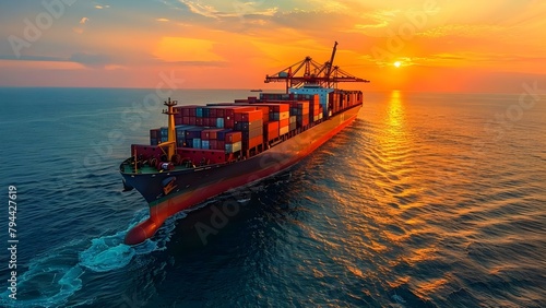 Container Cargo Ship with Working Crane at Sunset: A Breathtaking Aerial View. Concept Photography, Shipping Industry, Transportation, Sunset Views, Aerial Shots