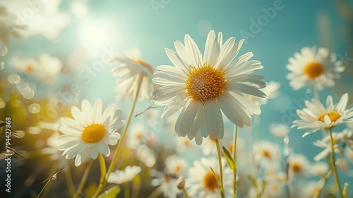 A beautiful spring flower field summer meadow. Natural colorful landscape with many wild flowers of daisies against blue sky. A frame with soft selective focus. Magical nature background blossom © somneuk