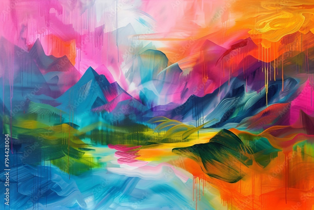 Lose yourself in a vibrant dreamscape where abstract shapes merge with the serenity of nature