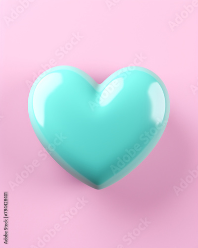 3D pink heart on a soft turquoise background сreated with Generative Ai