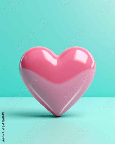 3D pink heart on a soft turquoise background сreated with Generative Ai
