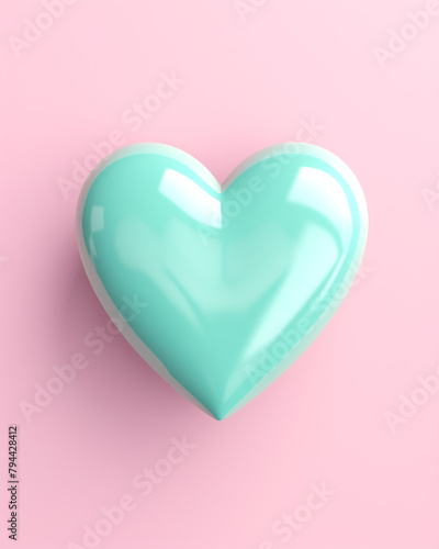 3D pink heart on a soft turquoise background сreated with Generative Ai