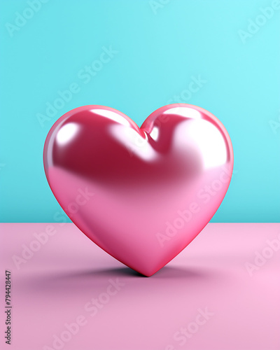 3D pink heart on a soft turquoise background сreated with Generative Ai