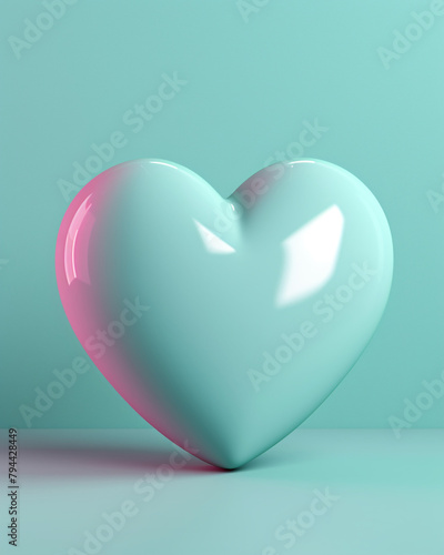 3D pink heart on a soft turquoise background сreated with Generative Ai