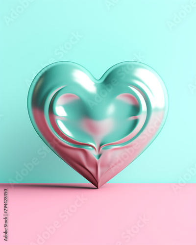3D pink heart on a soft turquoise background сreated with Generative Ai