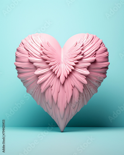 3D pink heart on a soft turquoise background сreated with Generative Ai