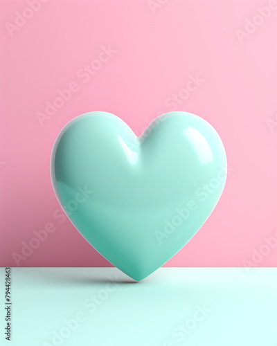 3D pink heart on a soft turquoise background сreated with Generative Ai