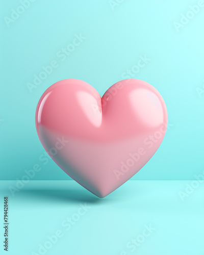 3D pink heart on a soft turquoise background сreated with Generative Ai