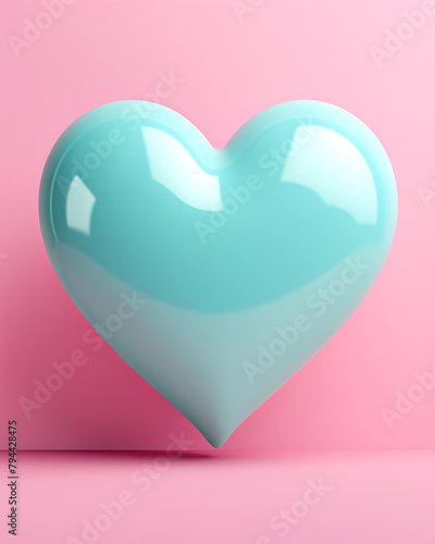 3D pink heart on a soft turquoise background сreated with Generative Ai