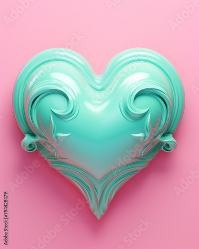 3D pink heart on a soft turquoise background сreated with Generative Ai