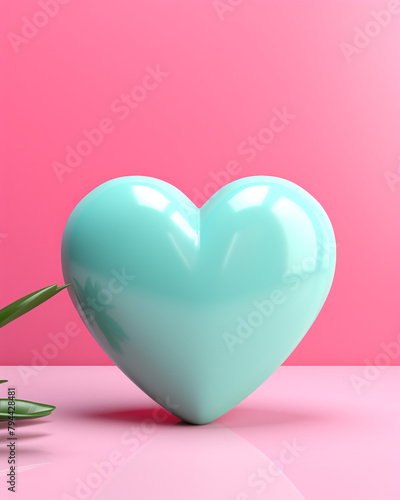3D pink heart on a soft turquoise background сreated with Generative Ai