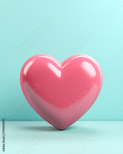 3D pink heart on a soft turquoise background сreated with Generative Ai