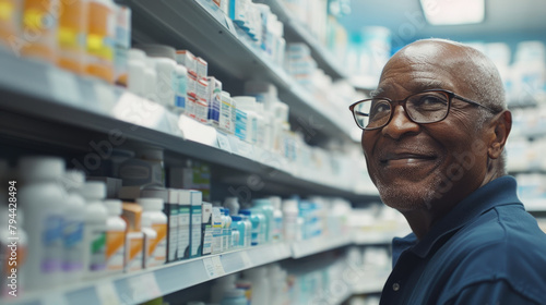 A man standing in front of a shelf filled with various types of medicine and pharmaceutical products photo