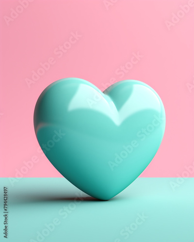 3D pink heart on a soft turquoise background сreated with Generative Ai