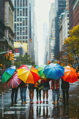 A group of individuals standing outdoors in the rain, each holding an umbrella to shield themselves from the precipitation © sommersby