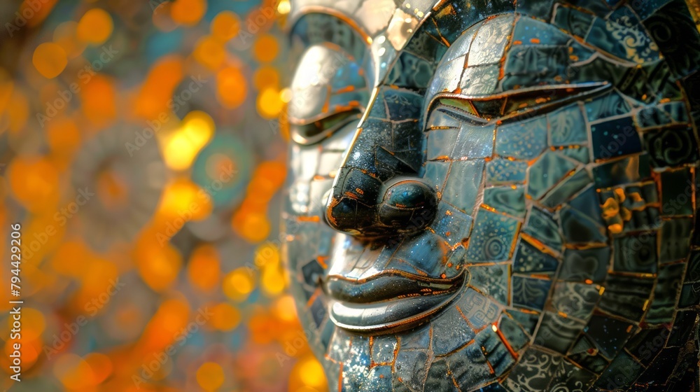 Fototapeta premium Ancient Buddha face with gold leaf detailing. Textured Buddhist statue close-up. Concept of heritage, religion, detailed artistry, and cultural significance.