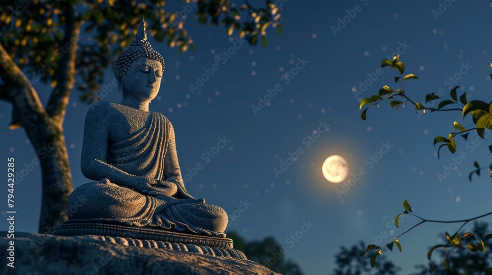 Meditative Buddha statue in lotus position. Tranquil Buddhist sculpture. Symbol of Buddhism. Concept of religion, Zen, meditation, peace, spiritual enlightenment. Night. Copy space