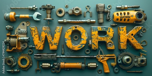 The word work written with tools in an industrial style