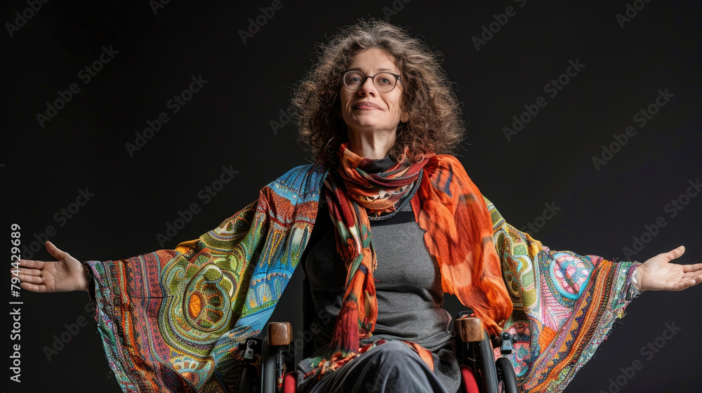A woman in a wheelchair with her arms extended outward A woman in a wheelchair with her arms extended outward