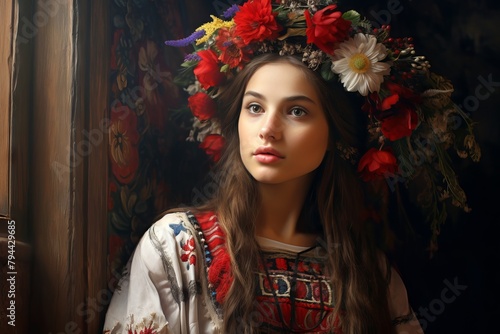 Ukrainian girl adorned with floral wreath. Young lady in traditional Ukrainian attire. Concept of cultural heritage, national costume, folk traditions. Dark background. Digital artwork