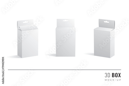 Packaging Hanging Half Length One and Half Height Box 3D Mockups Set of Isometric Open Closed and Frontal View Blank Templates - White Realistic Boxes on Similar Background - Graphic Design