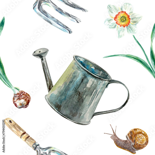 Gardening tools, seamless pattern. Watering can, snail, flowers. Hand drawn watercolor vector illustration for cards, invitations, wrapping paper, textile, fabric, covers.