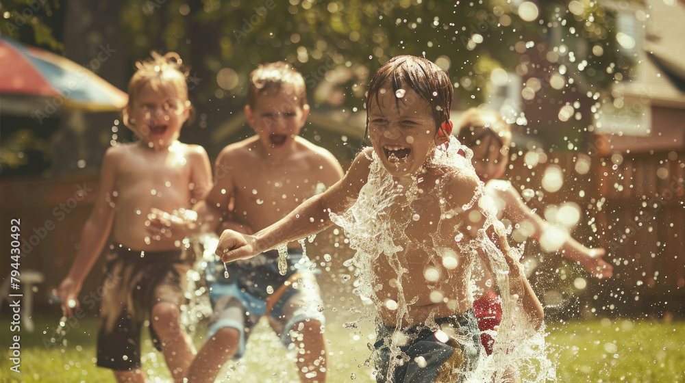 A group of children joyfully playing in a sprinkle pool on a sunny day, splashing water and laughing A group of children joyfully playing in a sprinkle pool on a sunny day, splashing water and laughing