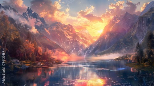 a river or lake and mountains with a sunset or sunrise in the background