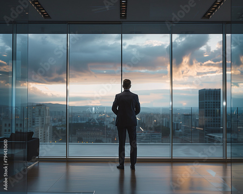 Well dressed businessman standing alone in a contemporary minimalist high rise with floor to ceiling windows, looking over a cityscape at dusk