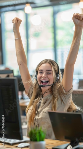 Call center woman bored of stretching in office by computer with smile, relax, or customer service. CRM specialist, telemarketing, and tech support counseling for stress, muscle, and happiness